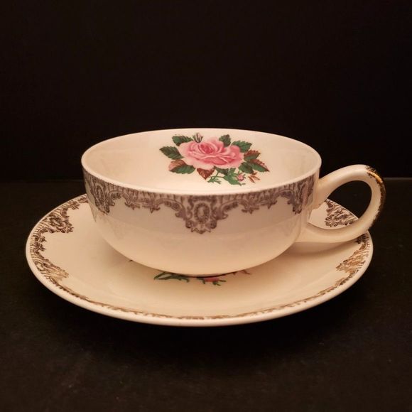 American Rose Cups Saucers Paden City Pottery Pink Roses Gold Vintage 4 sets - Picture 4 of 16
